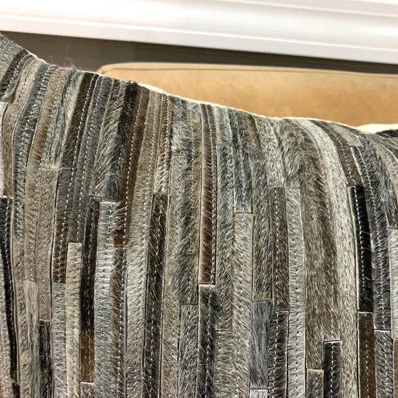 LOLOI 22" Gray & Brown Pony Hair Leather Throw Pillow with Feather Insert NEW - Picture 2 of 7